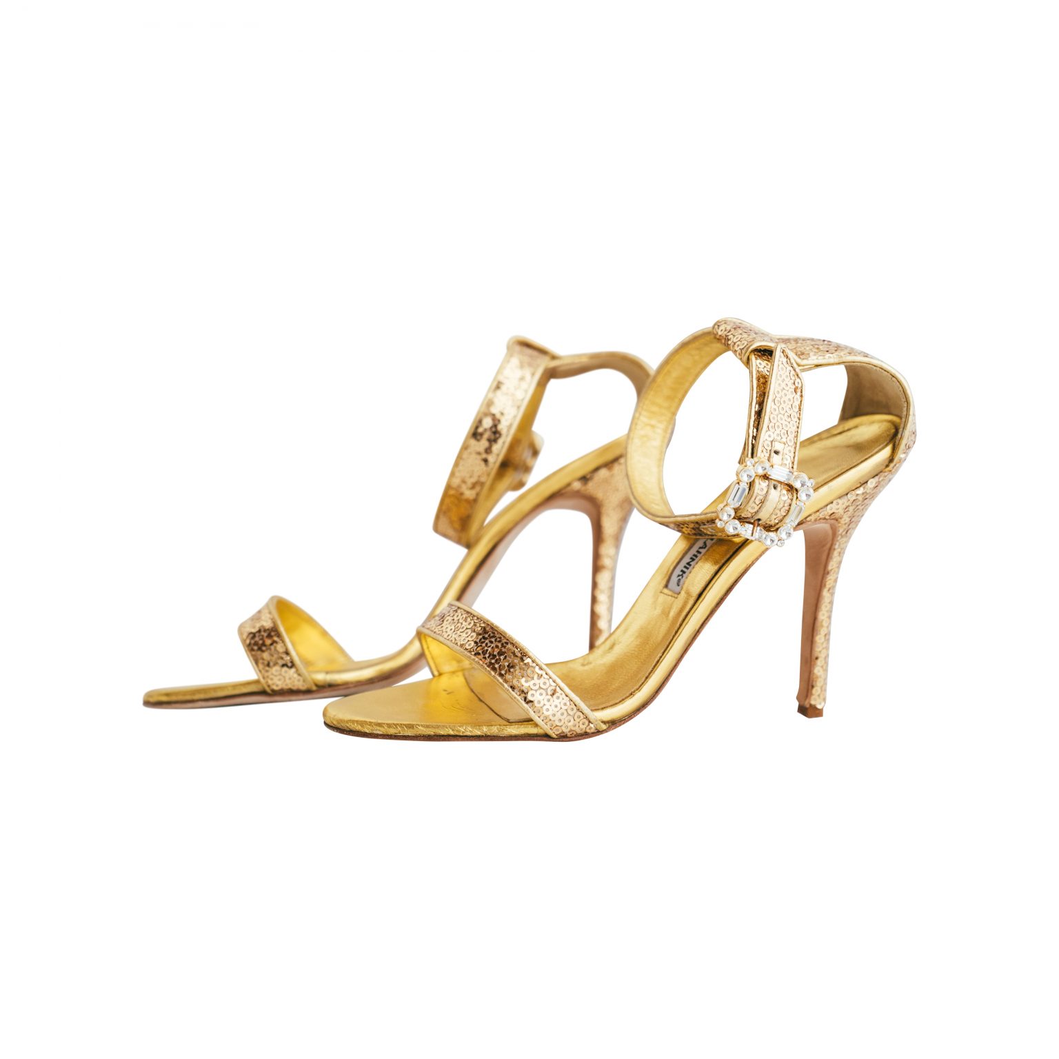 Manolo Blahnik Gold Metallic Sequin Sandals - Janet Mandell