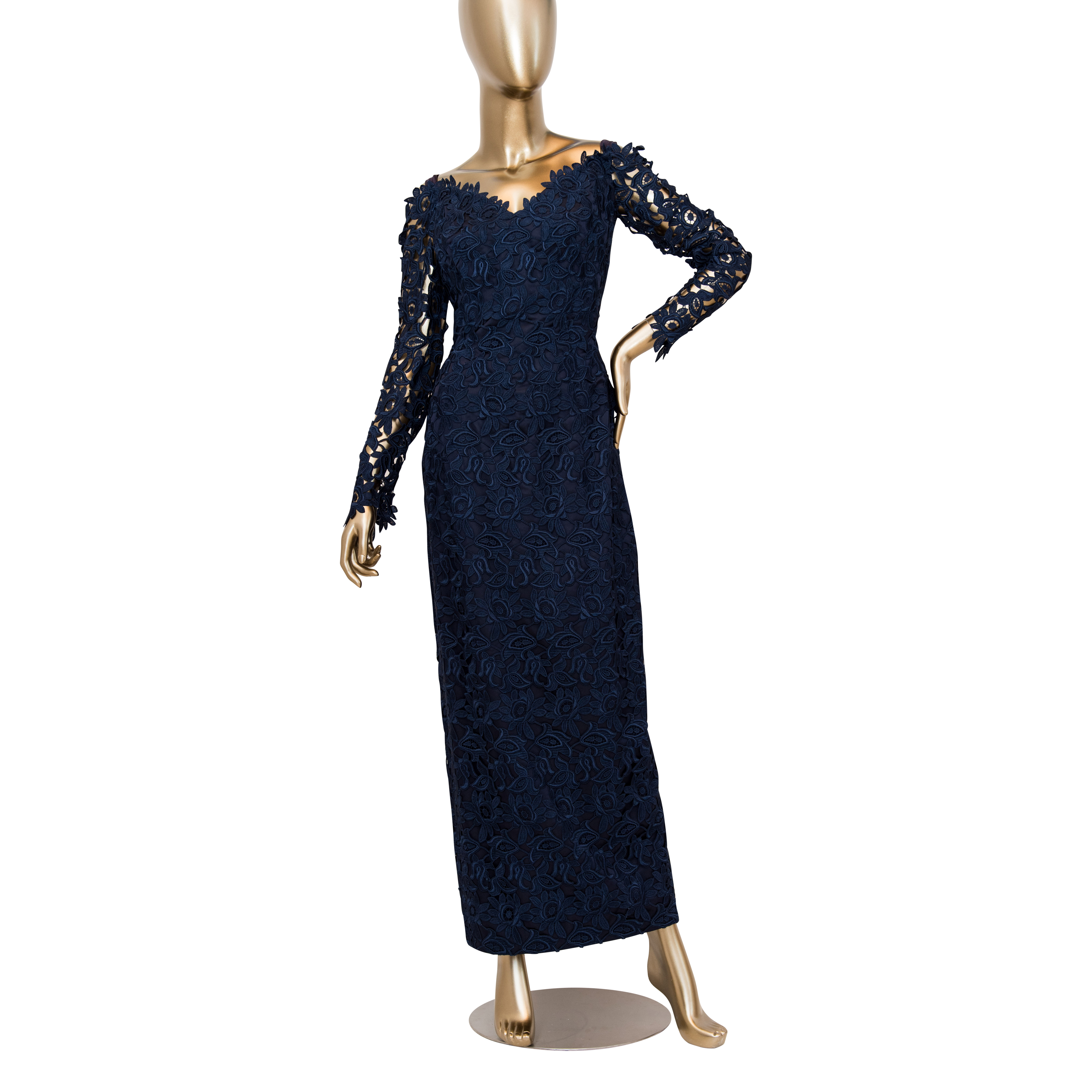 Helen Morley Vintage Long Sleeved Lace Navy Gown - Janet Mandell