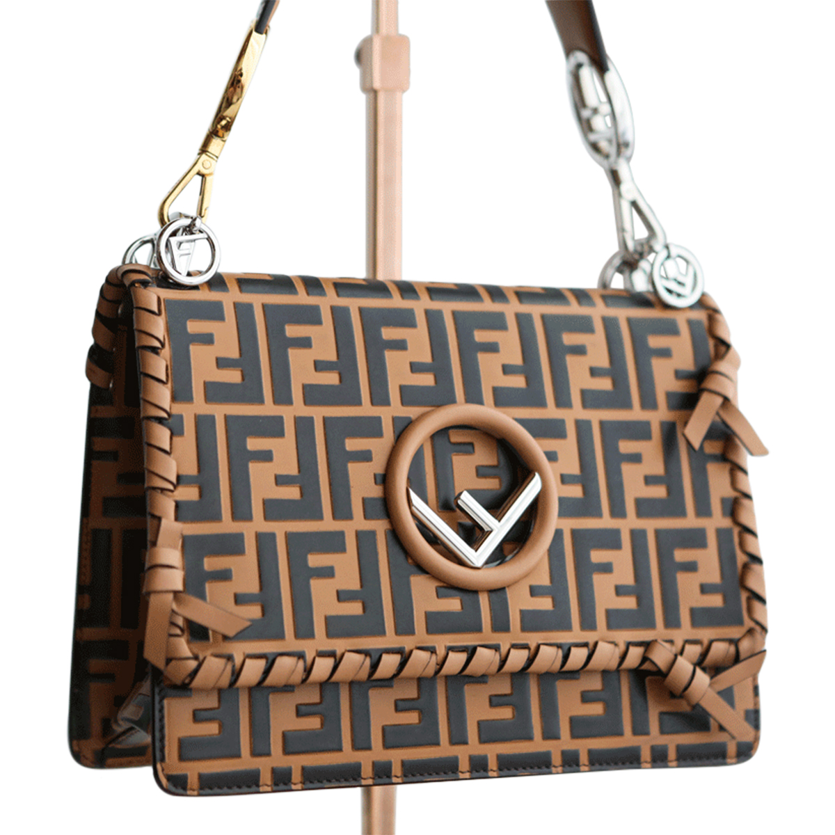 FENDI Kan I FF Logo Embossed Leather Crossbody Bag Brown