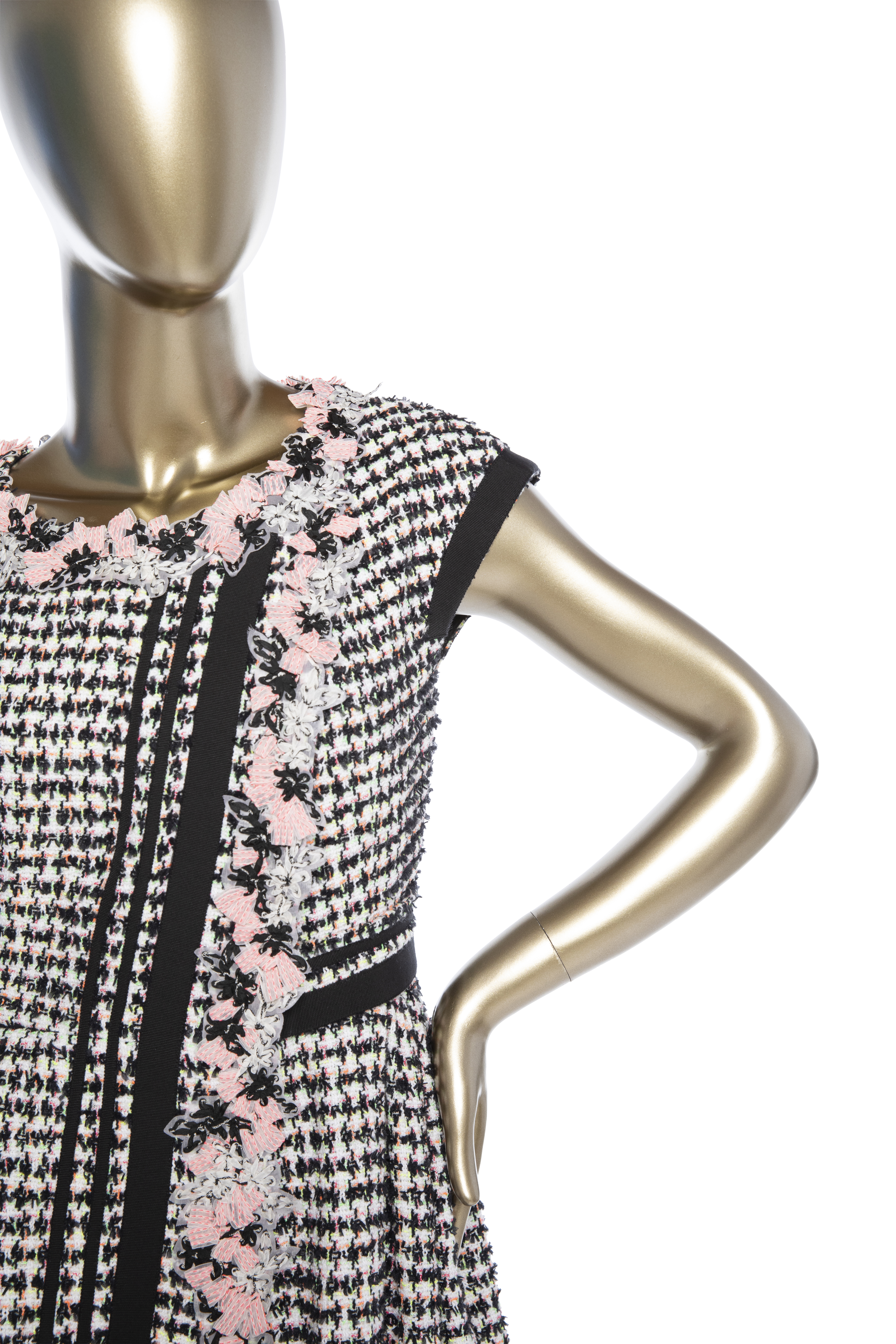 Chanel Floral-Embroidered Tweed Dress