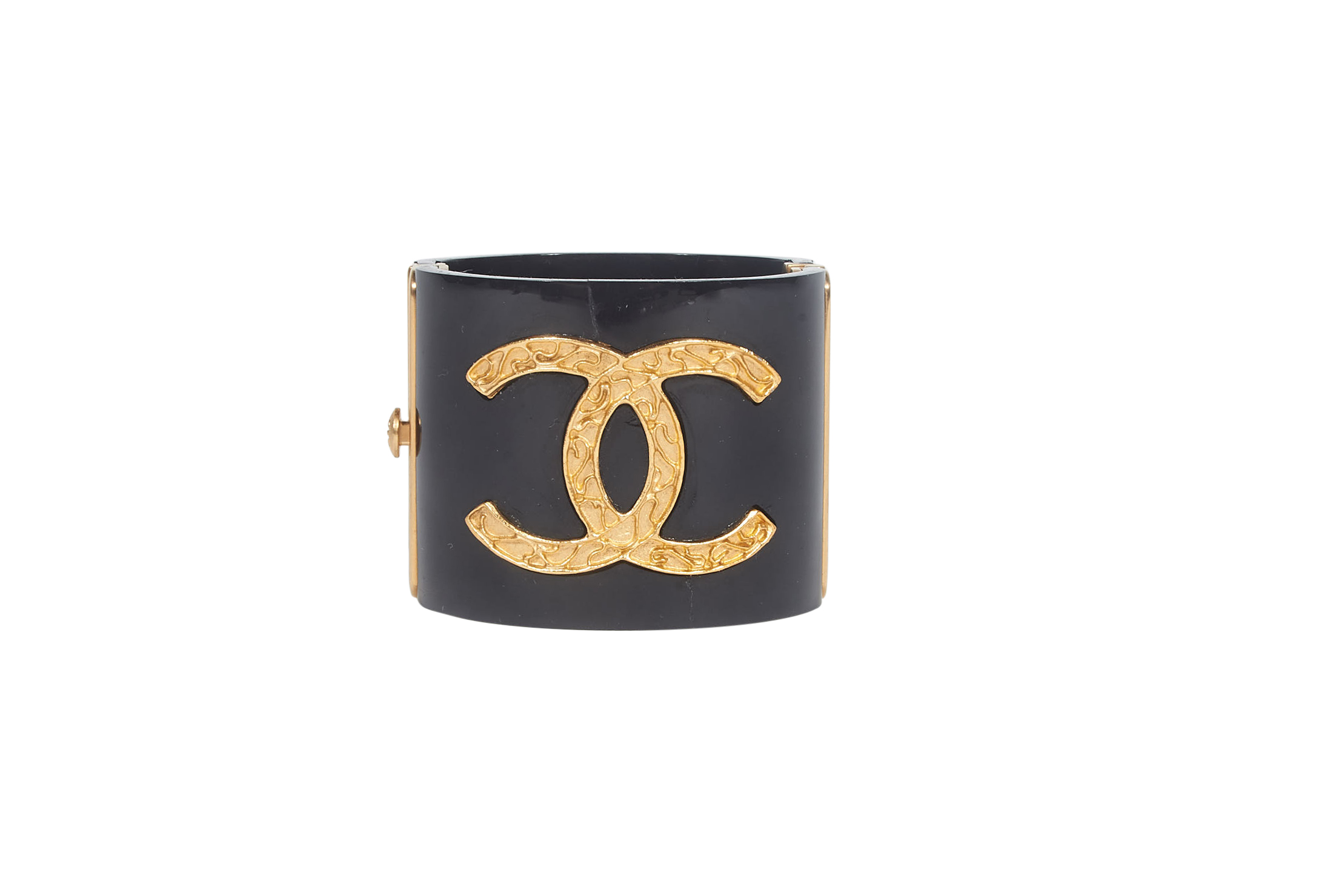 Chanel Black Leather and Goldtone CC Cuff Bracelet | Yoogi's Closet