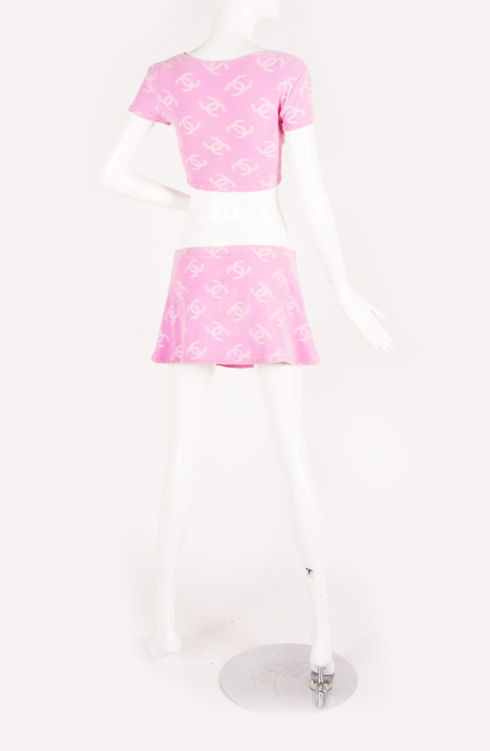 VINTAGE Chanel Velour Pink Crop Top and Skirt - Janet Mandell