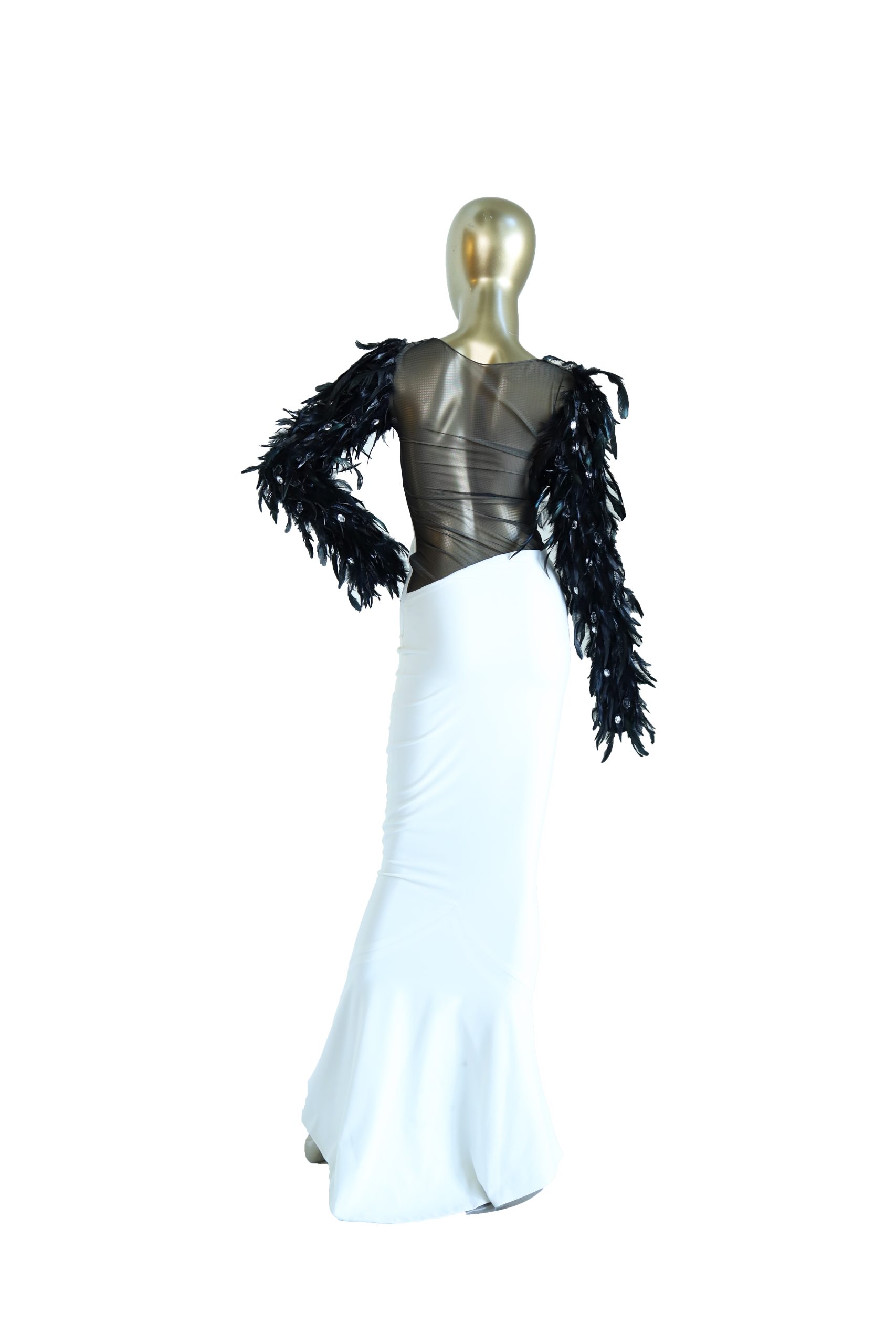 CD Greene White Dress with Feather Detailing - Janet Mandell