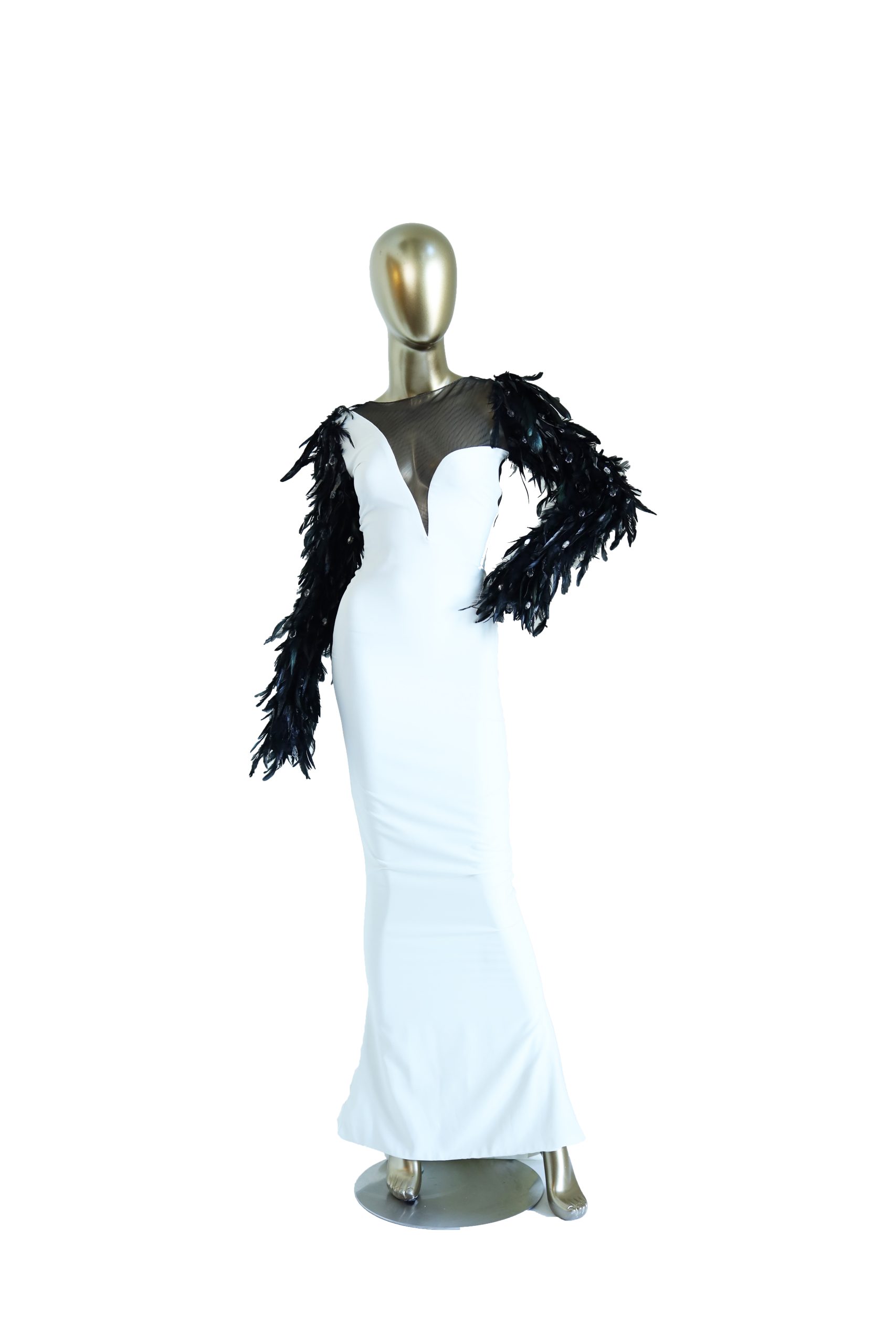 CD Greene White Dress with Feather Detailing - Janet Mandell