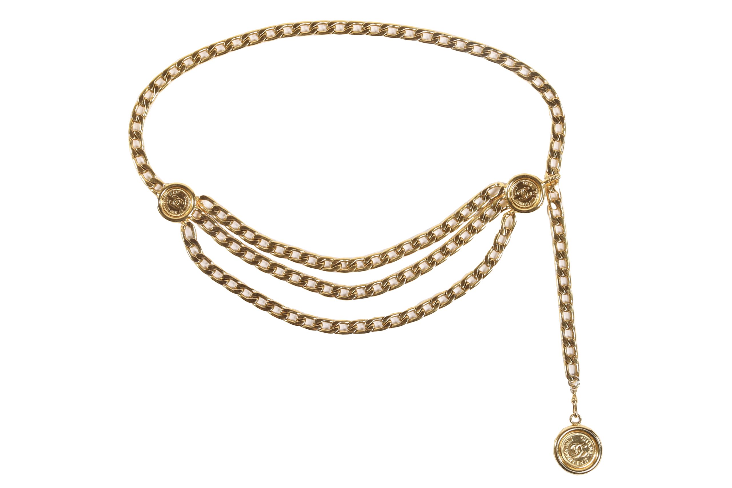 Amazing Authentic Chanel Gold Tone 3 Row Draped Clasp Belt Necklace 34