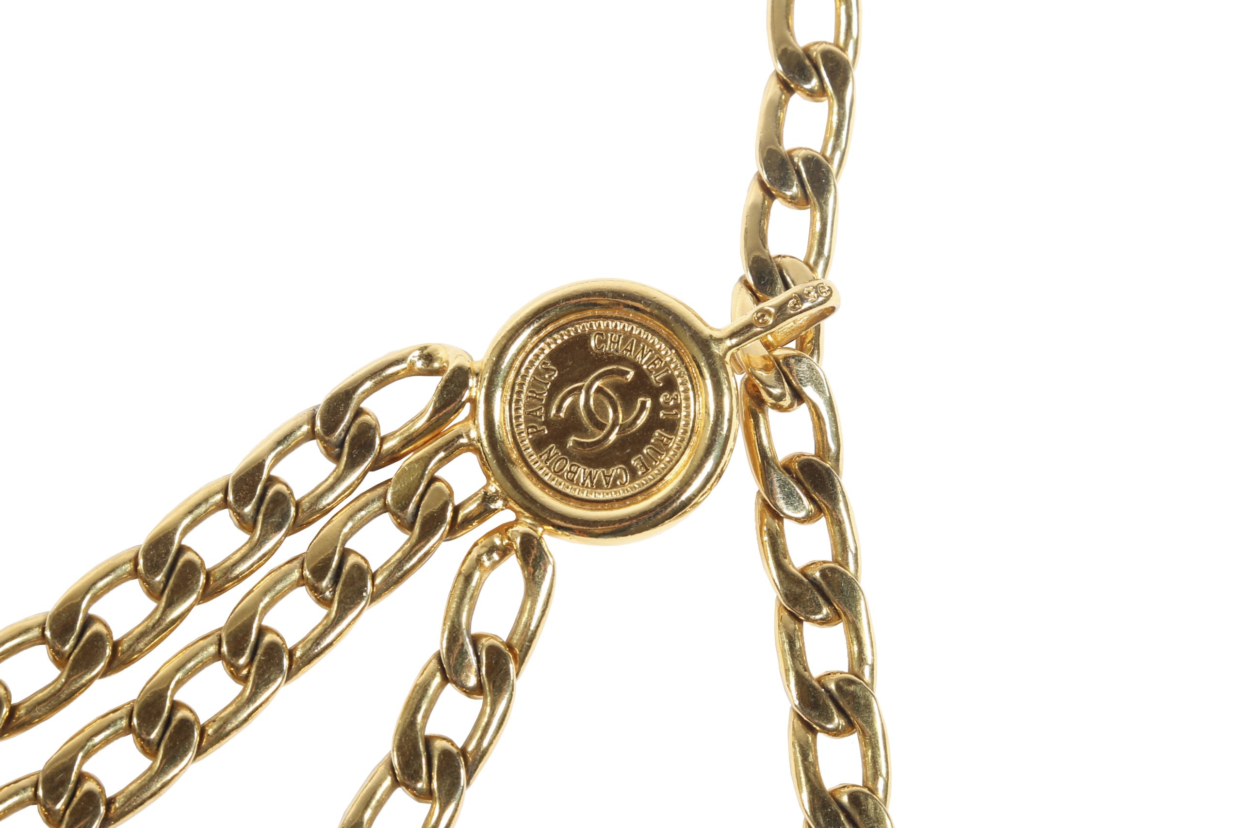 CHANEL gold tone CC interlock logo medallion coin black leather chain drop  belt